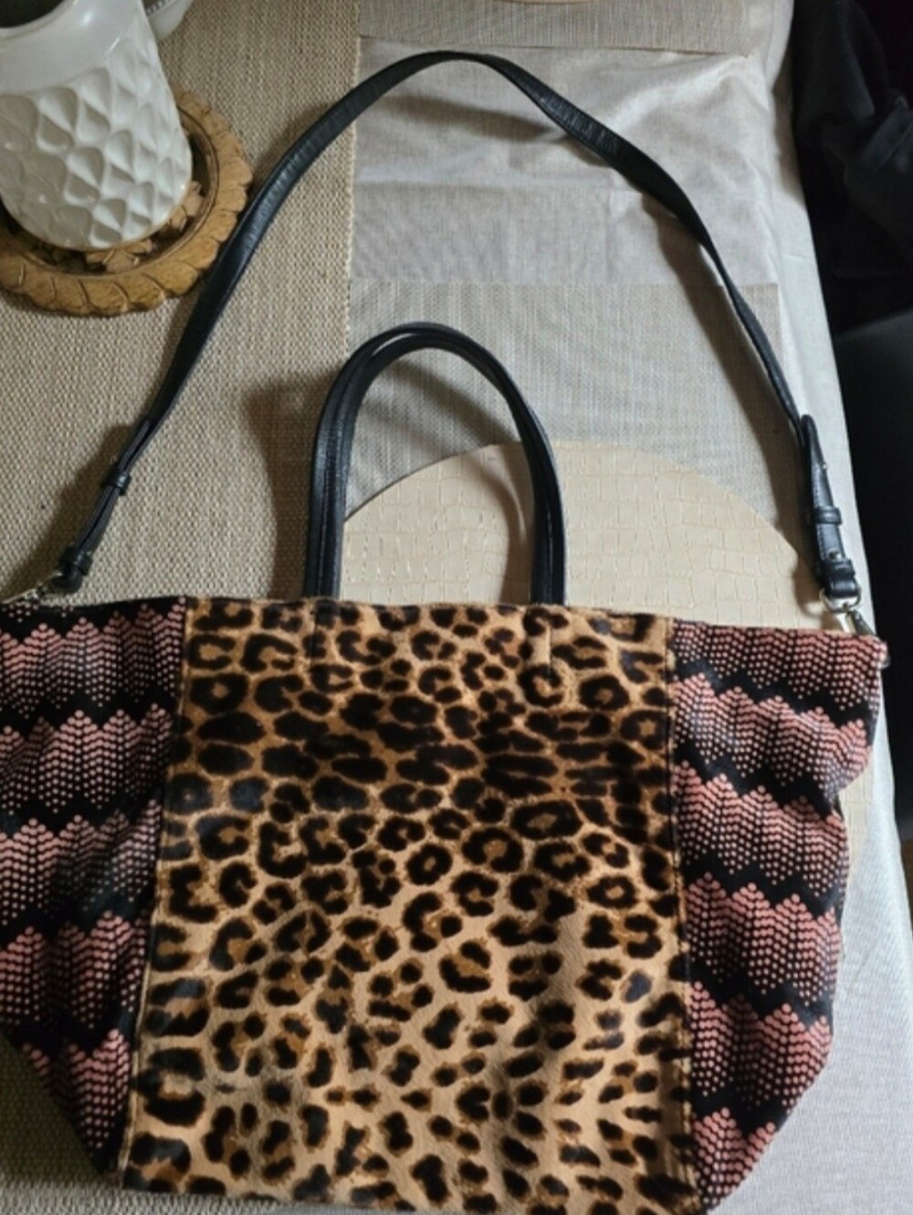 Simone Camille Leopard Print & Black Handle Women's  Bag With Scrossbody Strap
